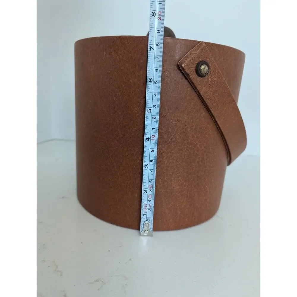 Vtg MCM Brown Faux Leather Ice Bucket Barware Wood Knob Retro 60s 70s